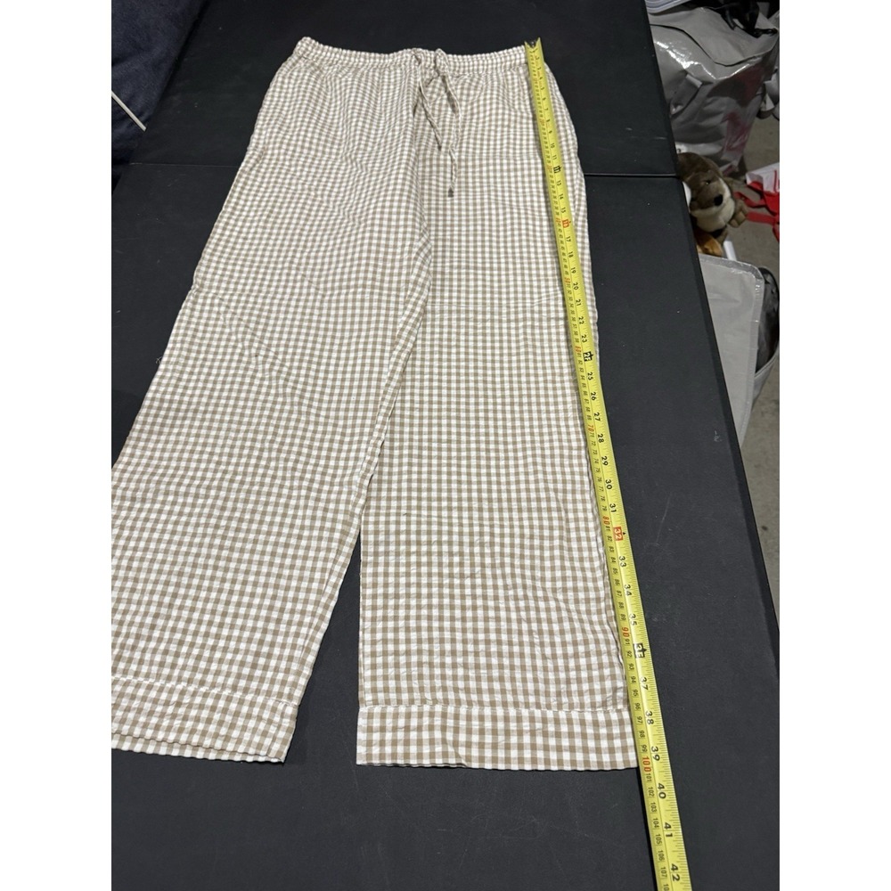 MNG Tan Brown Gingham Checkered Lounge Wide Leg Pants Women's Size M 100% Cotton - Picture 3 of 11